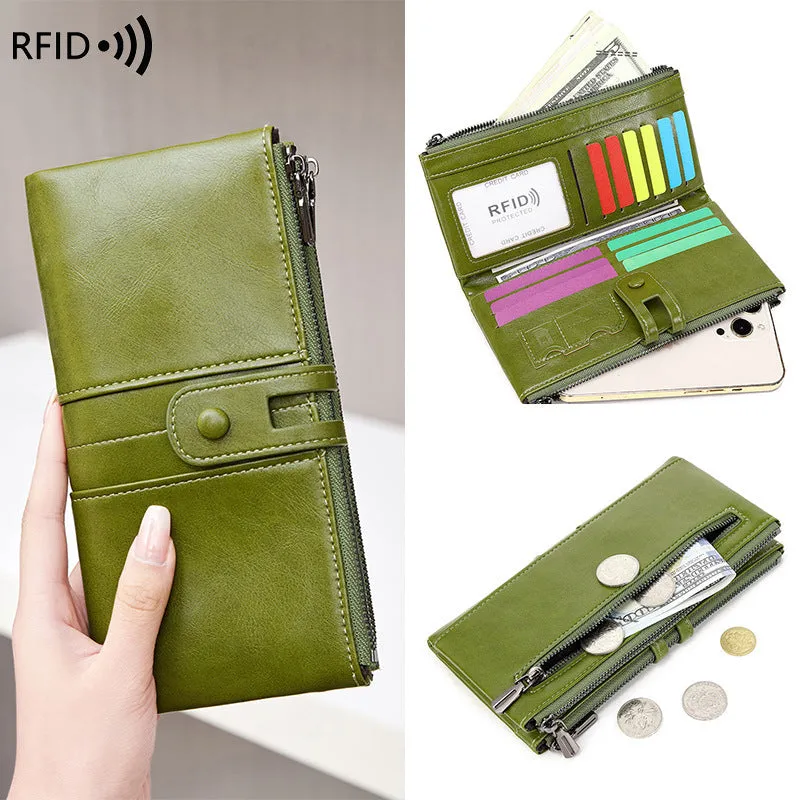 Leather Wallets For Women Vacatime RFID Blocking Soft Bifold Double Zipper Coin Purse