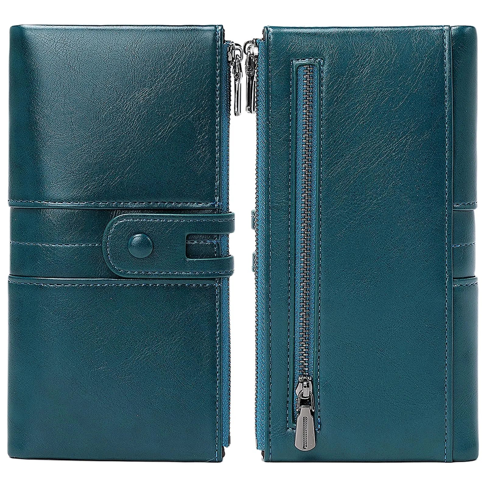 Leather Wallets For Women Vacatime RFID Blocking Soft Bifold Double Zipper Coin Purse