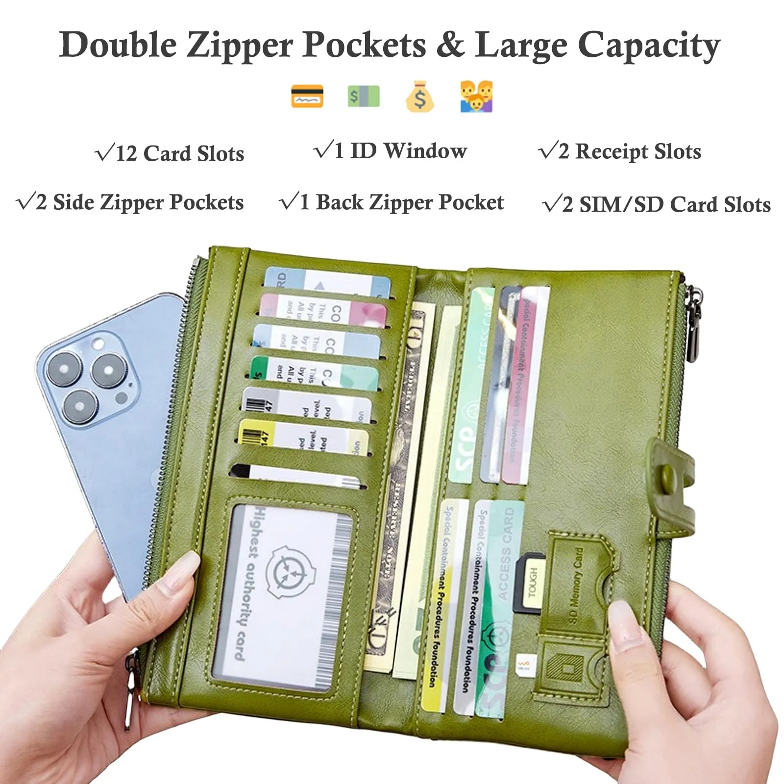 Leather Wallets For Women Vacatime RFID Blocking Soft Bifold Double Zipper Coin Purse