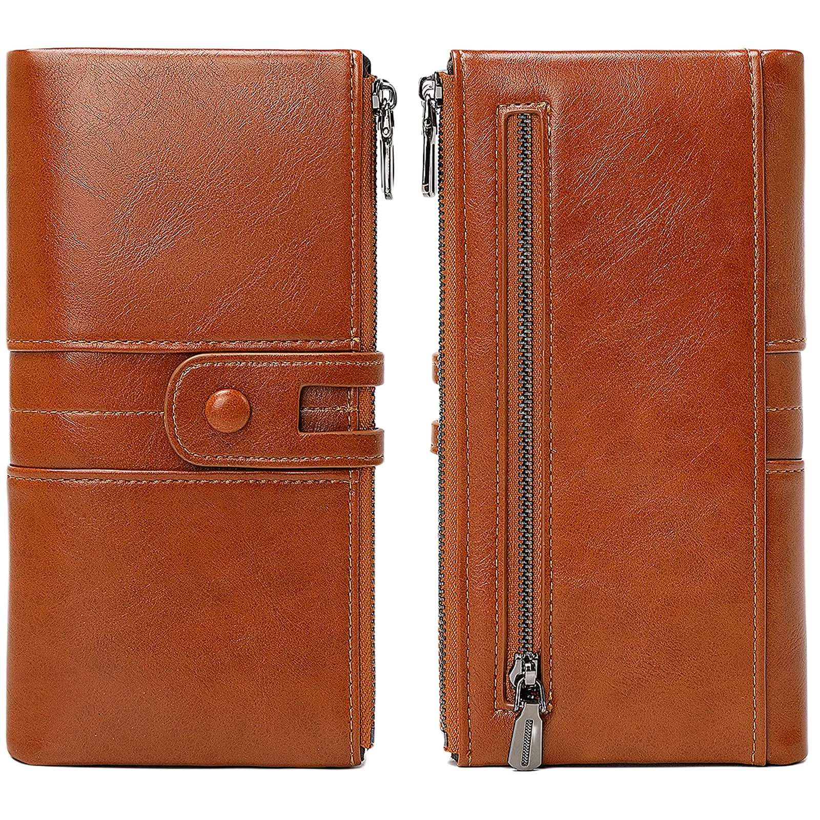 Leather Wallets For Women Vacatime RFID Blocking Soft Bifold Double Zipper Coin Purse