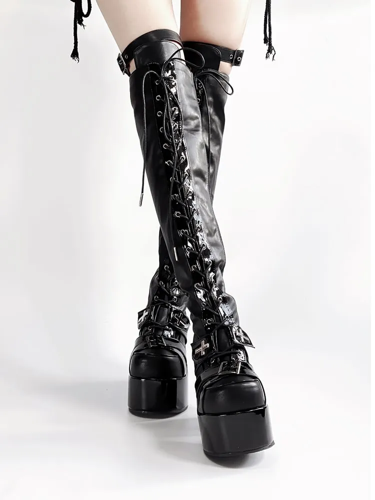 Matte Black Front Lace-up Ties Buckle Straps Heel Platform Thigh-high Boots