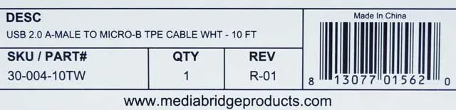 Mediabridge White 10 Foot USB 2.0 Micro-USB to USB Cable 30-004-10TW