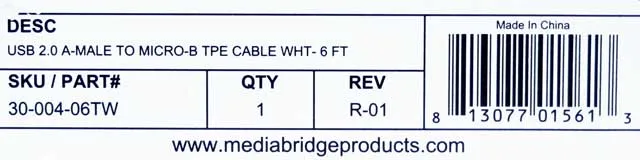 Mediabridge White 6 Foot USB 2.0 Micro-USB to USB Cable 30-004-06TW