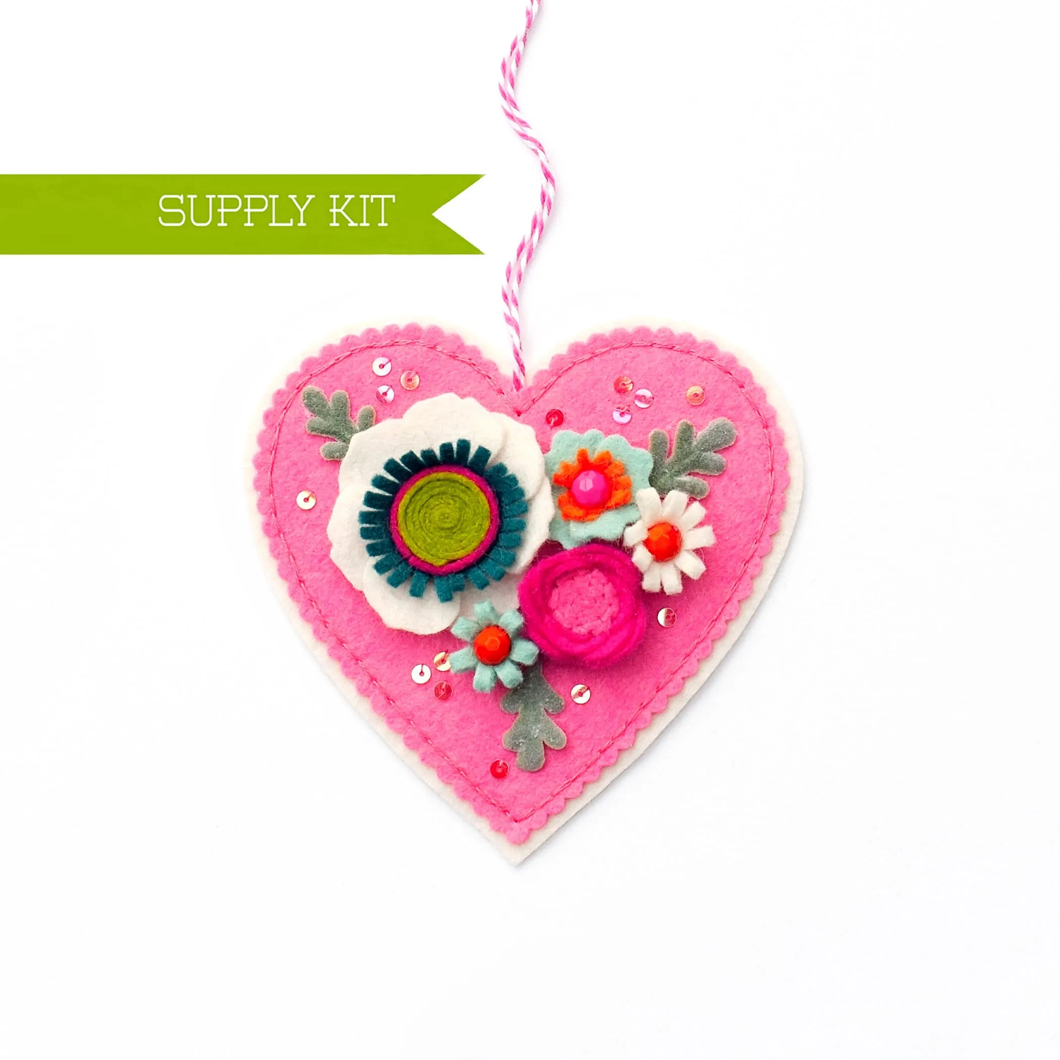 Modern Bouquet Heart (Pink) Wool Felt Ornament Supply Kit