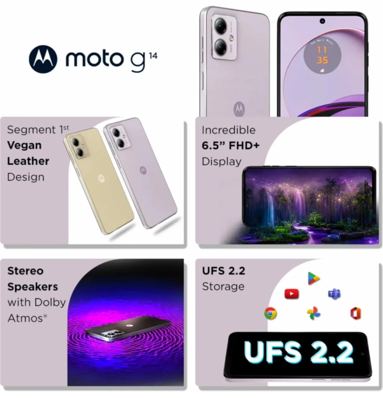 Motorola Moto G14 128GB 4G Smartphone Dual-SIM 4GB RAM Unlocked - Pale Lilac