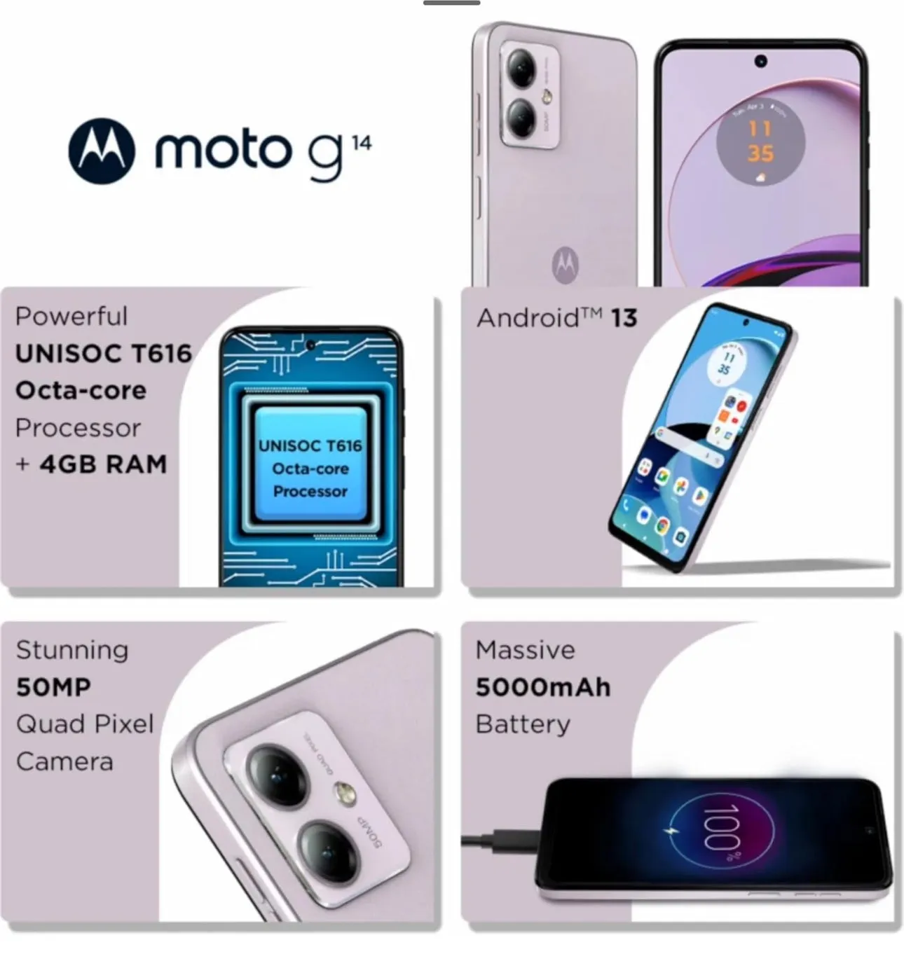 Motorola Moto G14 128GB 4G Smartphone Dual-SIM 4GB RAM Unlocked - Pale Lilac