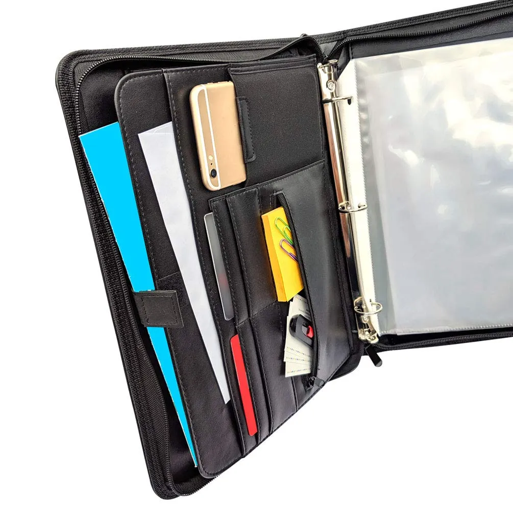 MSP Portfolio Binder with Retractable Handle, Binder Pockets, 3 Rings Binder Zippered Padfolio for Work and Interview- (048 Black)