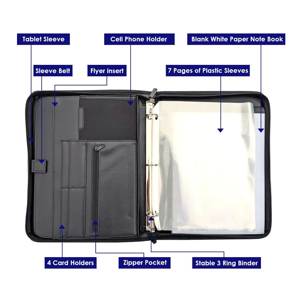 MSP Portfolio Binder with Retractable Handle, Binder Pockets, 3 Rings Binder Zippered Padfolio for Work and Interview- (048 Black)