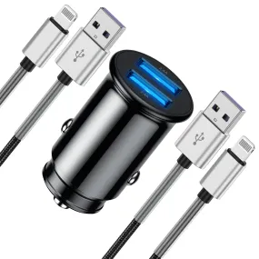 premium Car Charger - iPhone Car Charger Dual Port Car Charger 24W with 2-Pack 3FT iPhone Cable [Apple MFi Certified] for iPhone 14/13/12/11/11Pro/11Max/XS/XR /8/7