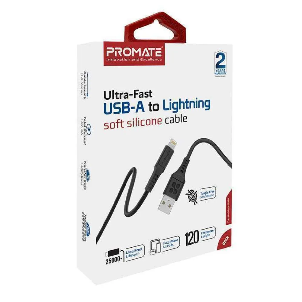 Promate USB-A to Lightning Flexible Charge Cable 1.2m Black