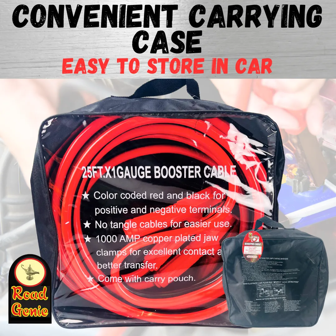 ROAD GENIE 25 Foot, 1 Gauge Booster Cable with Color-Coded Cables and Chrome Plated Clamps for Easy and Reliable Jump-Starting || Comes with Carrying Pouch