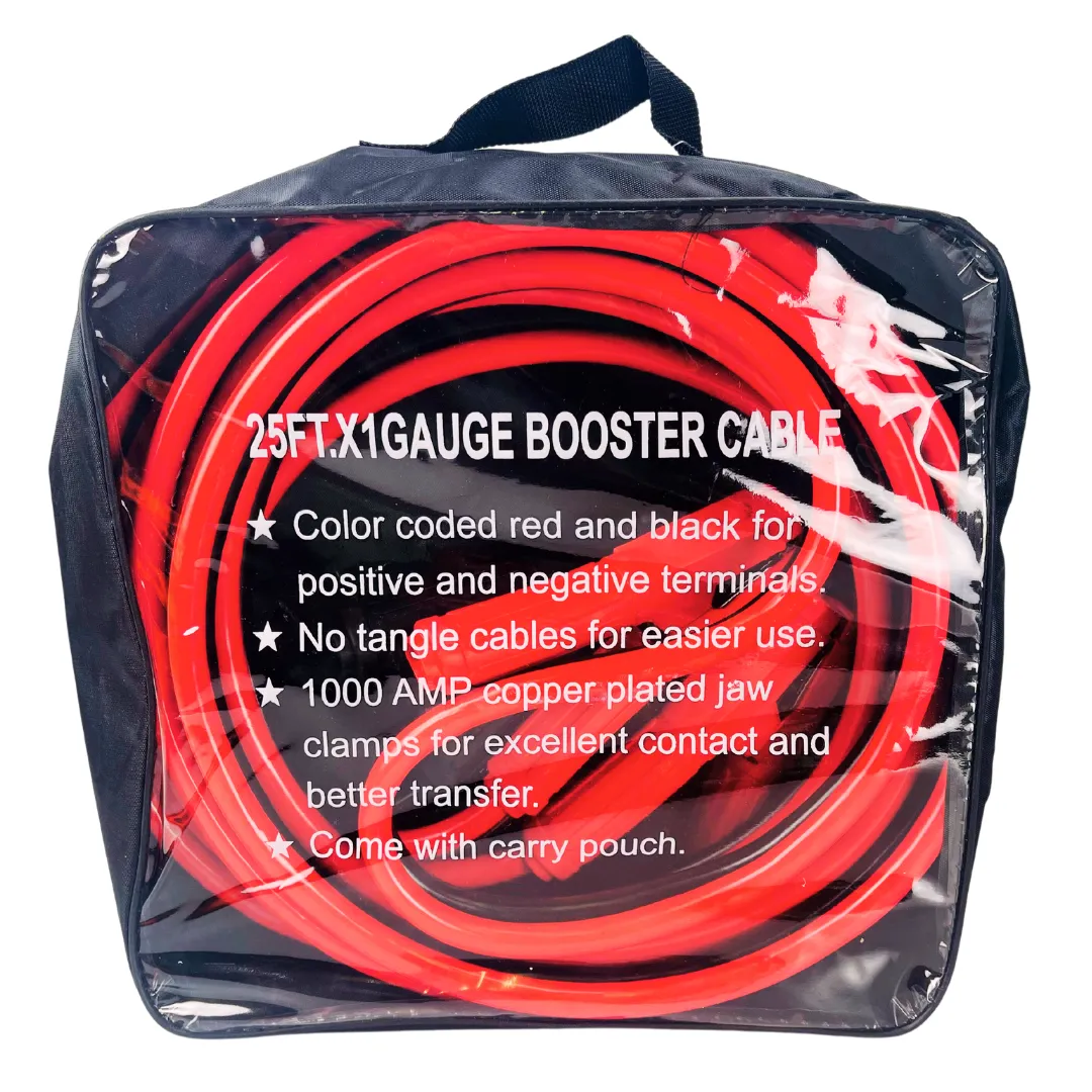 ROAD GENIE 25 Foot, 1 Gauge Booster Cable with Color-Coded Cables and Chrome Plated Clamps for Easy and Reliable Jump-Starting || Comes with Carrying Pouch