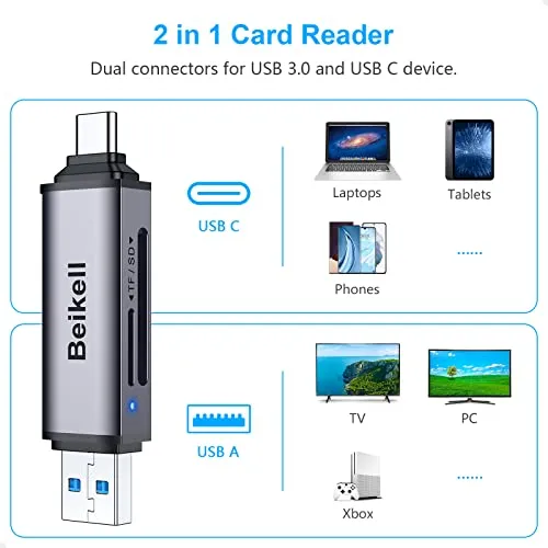 SD Card Reader, Beikell Dual Connector USB C USB 3.0 Memory Card Reader Adapter - Supports SD/Micro SD/MMC/SDXC/SDHC/Micro SDHC Compatible with MacBook Pro, MacBook Air, Galaxy S21, S22