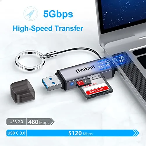 SD Card Reader, Beikell Dual Connector USB C USB 3.0 Memory Card Reader Adapter - Supports SD/Micro SD/MMC/SDXC/SDHC/Micro SDHC Compatible with MacBook Pro, MacBook Air, Galaxy S21, S22