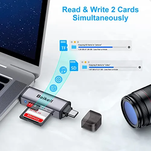 SD Card Reader, Beikell Dual Connector USB C USB 3.0 Memory Card Reader Adapter - Supports SD/Micro SD/MMC/SDXC/SDHC/Micro SDHC Compatible with MacBook Pro, MacBook Air, Galaxy S21, S22