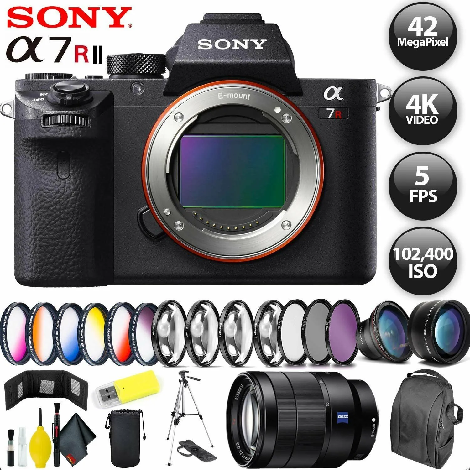 Sony Alpha a7R II Mirrorless Digital Camera   128GB Memory Card   Sony FE 70-200mm Lens