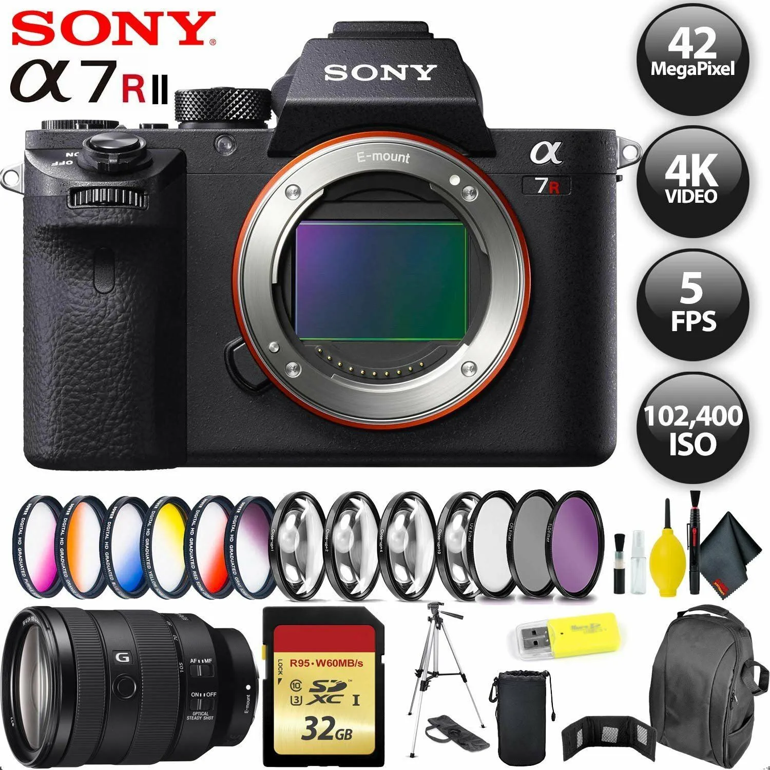 Sony Alpha a7R II Mirrorless Digital Camera   256GB Memory Card   Sony FE 24-105mm Lens