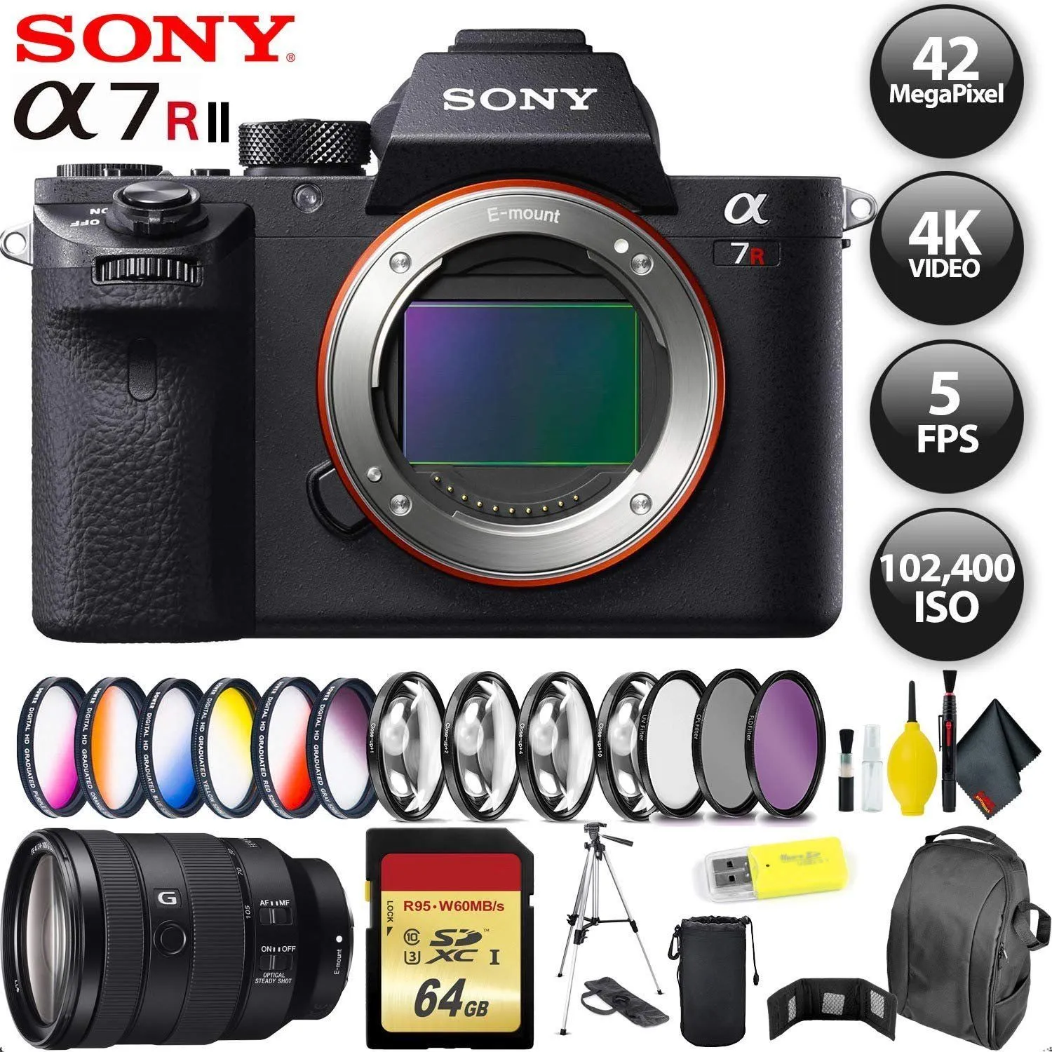 Sony Alpha a7R II Mirrorless Digital Camera   32GB Memory Card   Sony FE 24-105mm Lens