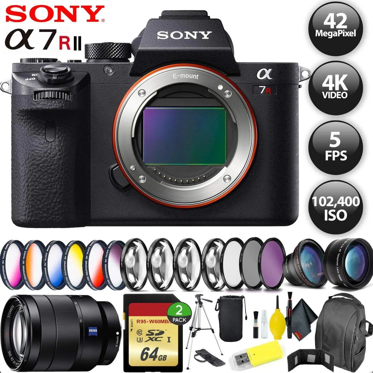 Sony Alpha a7R II Mirrorless Digital Camera   64GB Memory Card   Sony FE 70-200mm Lens