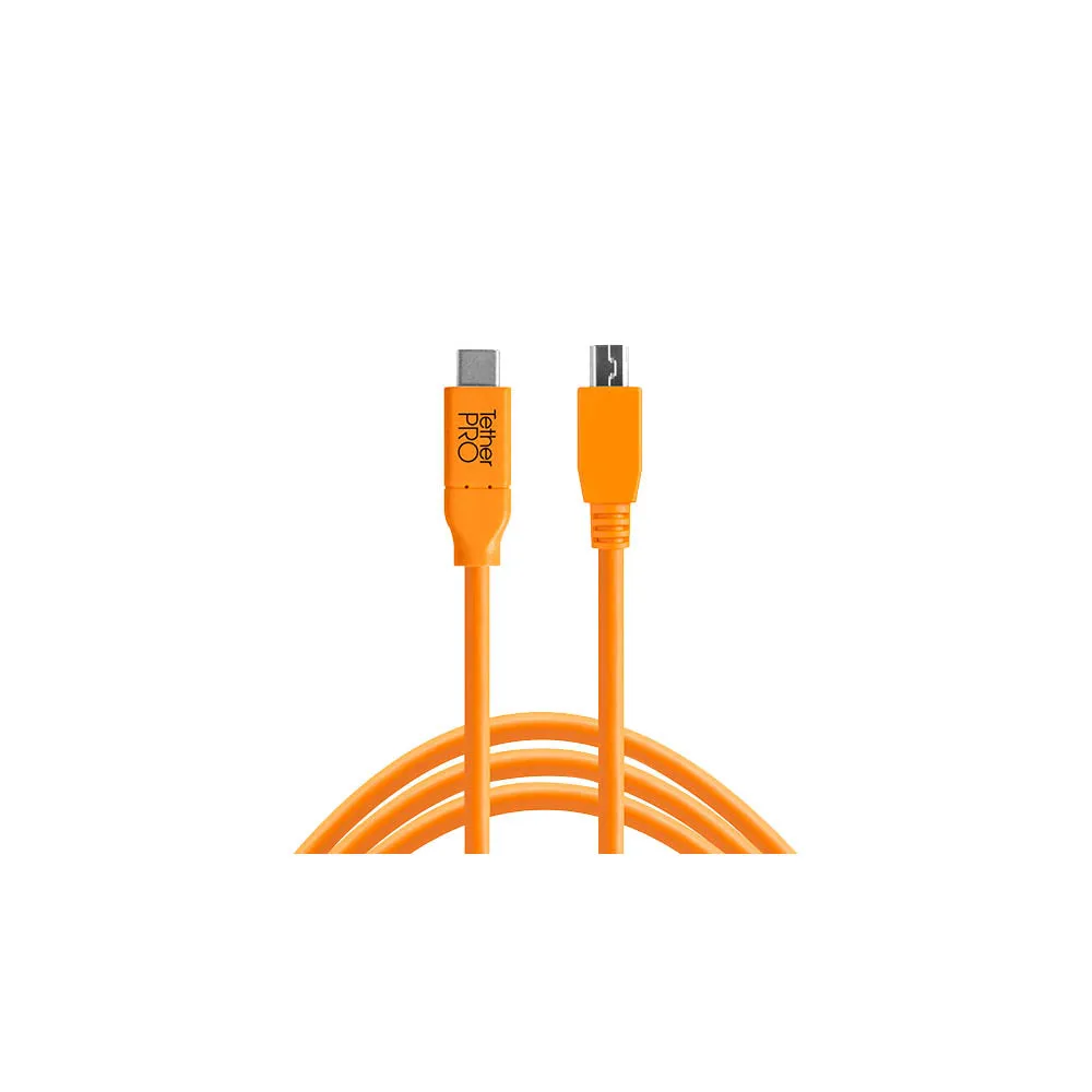 TetherPro 4.6m (15') USB-C to USB 2.0 Mini B Tether Cable (High-Visibility Orange)