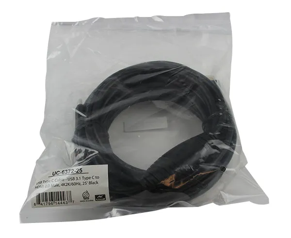 USB 3.1 Type C Male to HDMI 2.0 Male Cable, Black, 15FT, 25ft, 4K x 2K at 60Hz