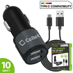 versatile High Power Dual USB Car Charger,  2.1A/10W Dual USB Car Charger, Grey Color (USB-C Cable Included)