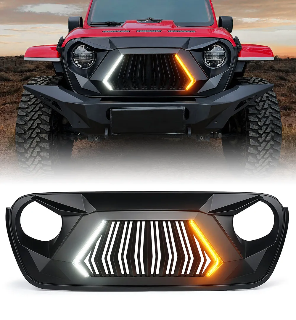 Xprite Front Grill Jeep Wrangler JK (2007-2018) JL (2018-2024) w/ LED Turn Signal Lights - Matte Black / Shark Grille